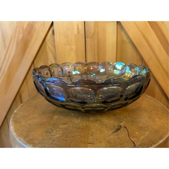 Federal CARNIVAL  GLASS  Iridescent Thumbprint  "Colonial Smoke" 9 3/8” Bowl Vtg - Picture 2 of 10